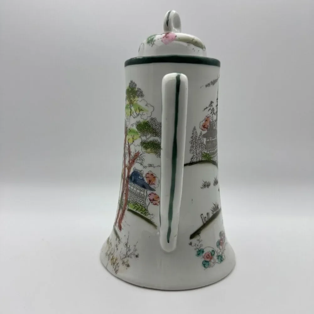 Vintage Japanese Porcelain Chocolate Pot Geisha Pagoda Scene Made in Japan 9.5